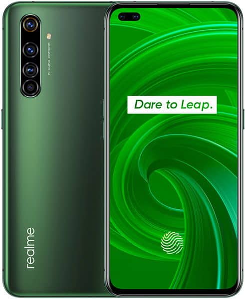 Realme X50 Pro 5G front and rear view showing green gradient design with quad camera setup and "Dare to Leap" tagline on display