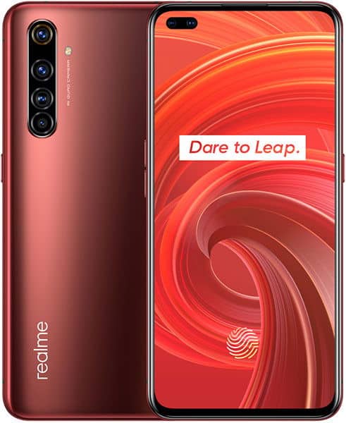 Realme X50 Pro 5G, rear and front view, red gradient design with quad camera setup and "Dare to Leap" branding on display