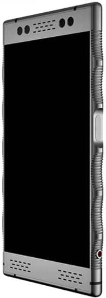 Front close-up of a black and silver Red Hydrogen One with blank screen, side buttons, and top/bottom speaker grills visible.