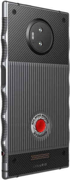 Rear view of Red Hydrogen One-style phone with ribbed metallic back, top circular camera, red HYDROGEN button, and Ultra-LEIA text.