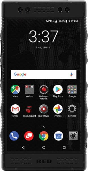Front view of black Red Hydrogen One smartphone showing home screen with app icons, 3:37 time, and June 21 date.
