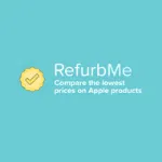 Yellow checkmark badge beside "RefurbMe Compare the lowest prices on refurbished phones and tablets" on light blue background.