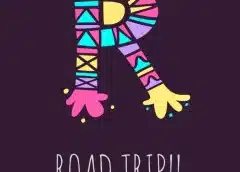Colorful letter r with geometric patterns above two cartoon figures with outstretched arms, text reads "road trip!! "