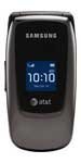Samsung A227 flip phone, front view, open position showing blue screen with time display and AT&T logo