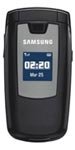 Samsung A436 flip phone, closed, front view showing external display and silver Samsung branding on black exterior