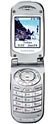 Samsung A520 flip phone, open position showing screen and keypad with blue wallpaper displayed