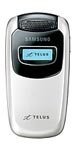 Samsung a650 flip phone, front view, silver and black casing with small external display