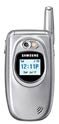 Samsung a670 flip phone, front view, silver metallic finish with small external display and antenna