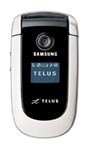 Samsung a840 flip phone, front view, closed position with silver and black design