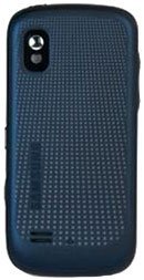 Samsung Advance phone, rear view, with textured dark blue case and camera lens visible