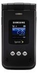 Samsung A900M Blade flip phone shown open, displaying blue screen with controls, viewed from front