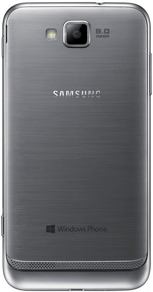Samsung Ativ S rear view showing gray brushed metal back, camera lens, and Windows Phone logo