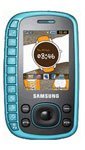 Samsung B3310 mobile phone, front view, with turquoise casing and small screen displaying clock and icons