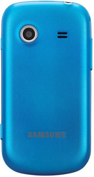 Samsung Character phone, rear view showing blue textured back with camera lens and Samsung branding