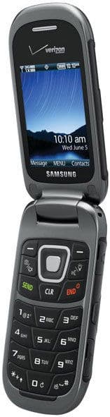 Samsung Convoy 3 flip phone, open position, showing blue display screen with time and Verizon branding, numeric keypad visible below