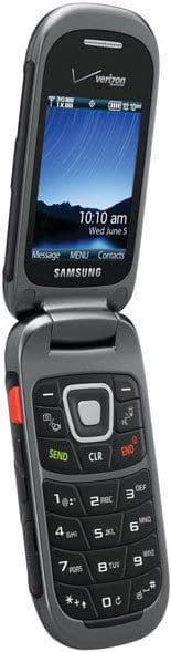 Samsung Convoy 3 flip phone open, showing screen with time and date, viewed from front angle