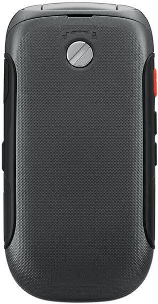 Samsung Convoy 3 rear view, closed, showing textured gray back with central button and red accent on side