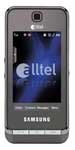 Samsung Delve front view with screen displaying Alltel logo and blue interface on gray phone with black accents
