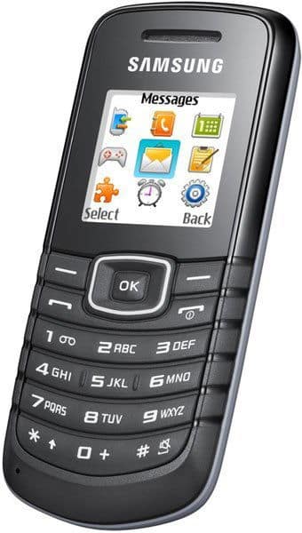 Samsung E1080 mobile phone, front view, displaying Messages menu with app icons on screen and physical keypad below