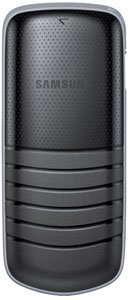 Samsung E1080 rear view, black phone with textured back panel and horizontal chrome bands