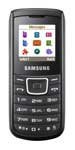 Samsung E1100 front view, black candybar phone with small screen and numeric keypad