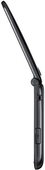 Samsung E2530 mobile phone, side view, showing black flip design with antenna extended