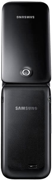 Samsung E2530 flip phone, open position, showing black exterior with textured lower panel and closed screen above