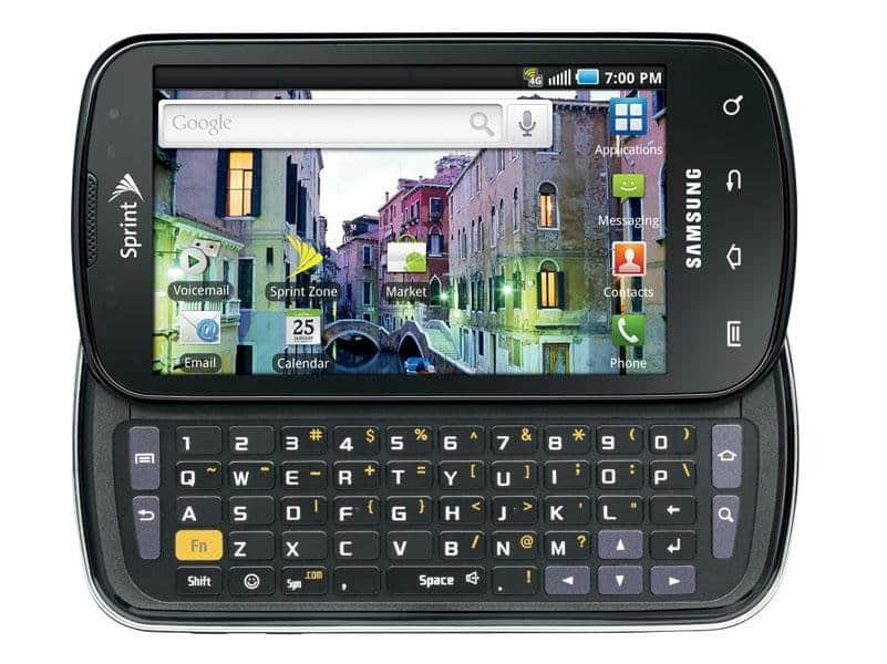 Samsung Epic 4G front view with slide-out QWERTY keyboard and display showing Google search interface with home screen apps