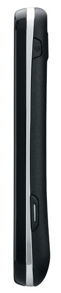Samsung Epic 4G side view, showing black body with white stripe and control buttons