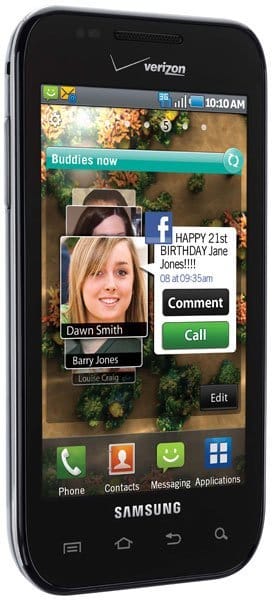 Samsung Fascinate front view displaying social app with contact photos, birthday message, and call button on screen