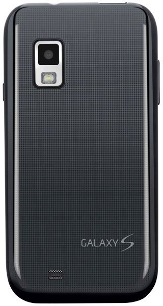 Samsung Fascinate rear view, black with textured back panel, camera and flash visible