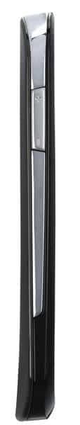 Samsung Focus phone, closed front view, showing dark curved body with silver screen bezel on white background