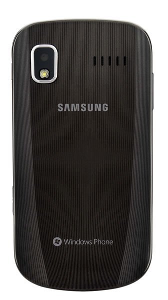 Samsung Focus rear view, black textured back with camera and Windows Phone logo