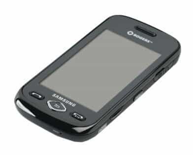 Samsung smartphone with dark gray casing, front-facing screen, and physical buttons, shown from front angle