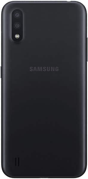 Samsung Galaxy A01 rear view, black, showing dual camera and Samsung logo