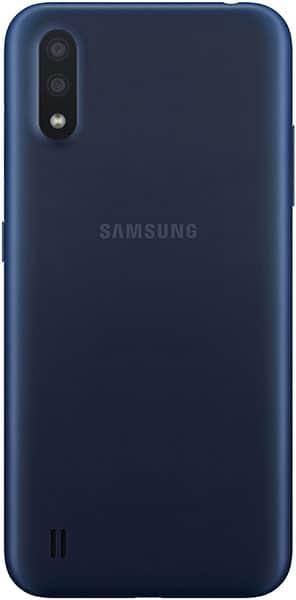Samsung Galaxy A01 rear view, blue, showing dual camera setup and Samsung branding