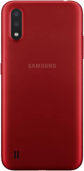 Samsung Galaxy A01 rear view, red finish with dual camera lens