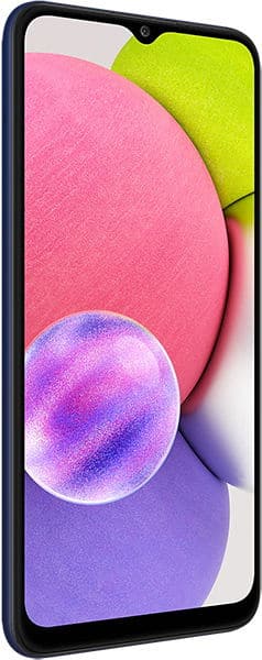 Samsung Galaxy A03s front view with colorful abstract wallpaper displaying pink, yellow, and purple gradient circles on screen