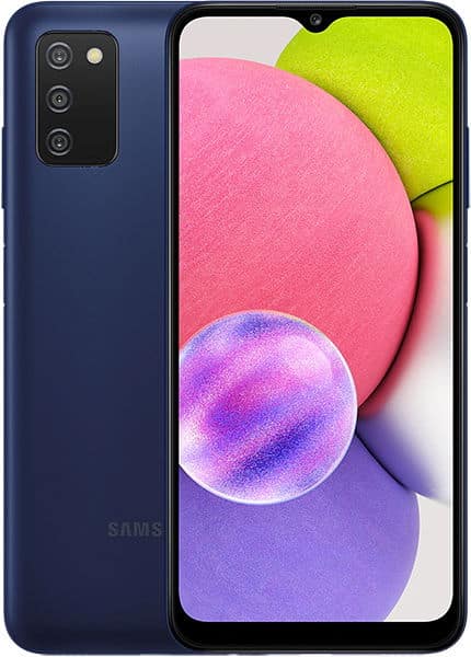 Samsung Galaxy A03s front view, dark blue phone with triple rear camera and colorful abstract wallpaper on screen