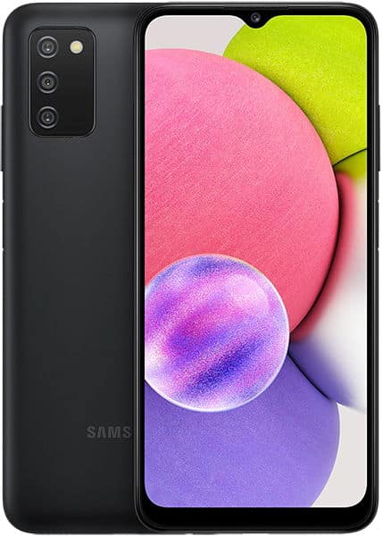 Samsung Galaxy A03s front view, black phone displaying colorful gradient wallpaper with pink, purple, and yellow circles on screen