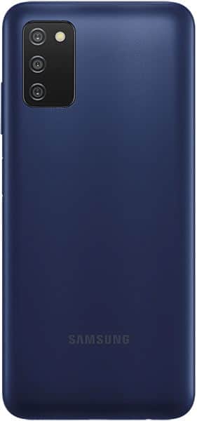Samsung Galaxy A03s rear view, dark blue, showing triple camera setup and Samsung branding