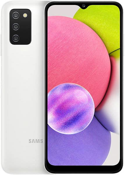 Samsung Galaxy A03s front and rear view, white body with triple rear camera setup and colorful gradient display showing pink, yellow, and purple spheres