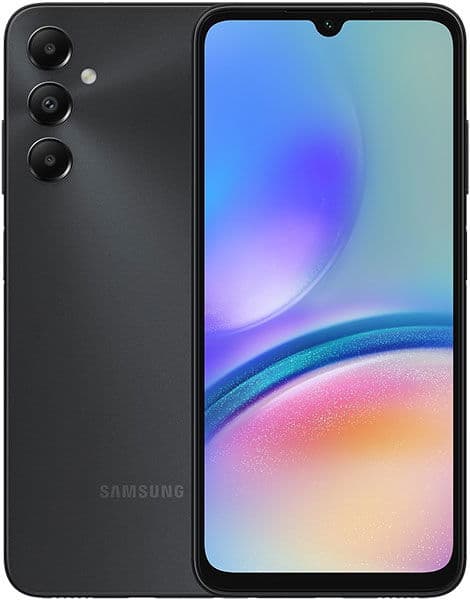 Samsung Galaxy A05s front and rear view, black, with triple rear cameras and gradient display showing blue, purple, and pink abstract wallpaper