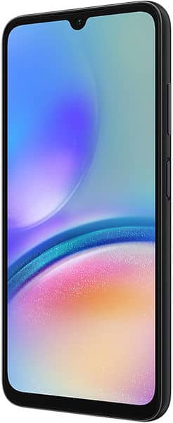 Samsung Galaxy A05s front view with colorful gradient display showing blue, purple, pink, and yellow hues on screen
