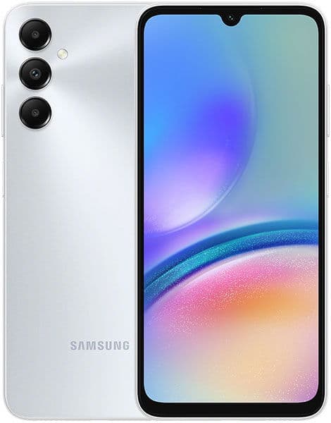 Samsung Galaxy A05s front view, white, with triple rear camera and screen displaying gradient blue, purple, and pink wallpaper