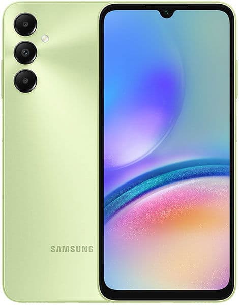 Samsung Galaxy A05s, light green rear view with triple camera layout and screen displaying blue-to-pink gradient wallpaper