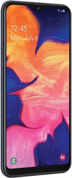 Samsung Galaxy A10e front view with colorful abstract wallpaper on screen, displaying time and date