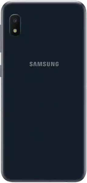 Samsung Galaxy A10e rear view showing dark blue back panel with camera and Samsung logo
