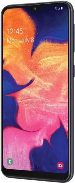 Samsung Galaxy A10e, front view, displaying colorful abstract wallpaper with time and date on screen