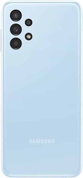 Samsung Galaxy A13 4G rear view showing light blue back panel with triple camera setup and Samsung logo